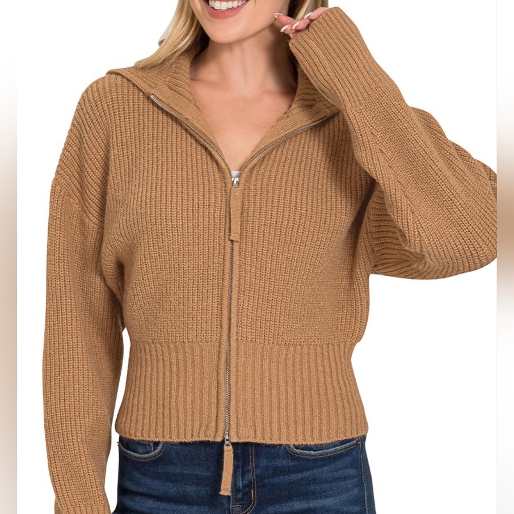 Zenana Ribbed Collared Zip Up Sweater Cardigan